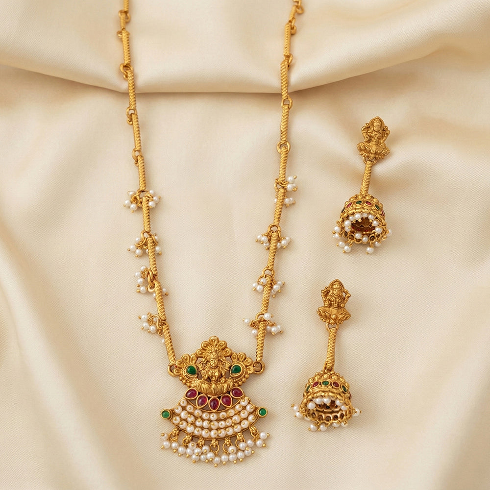 JS Fashion Premium Rajwadi Polish Pota Stone And Pearl Temple Necklace Set