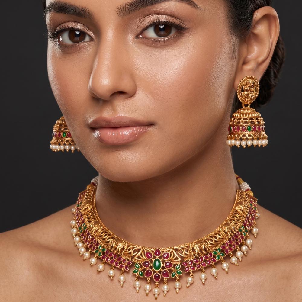 Js Fashion  Traditional Temple Necklace Set With Green Stones Pearl Drops