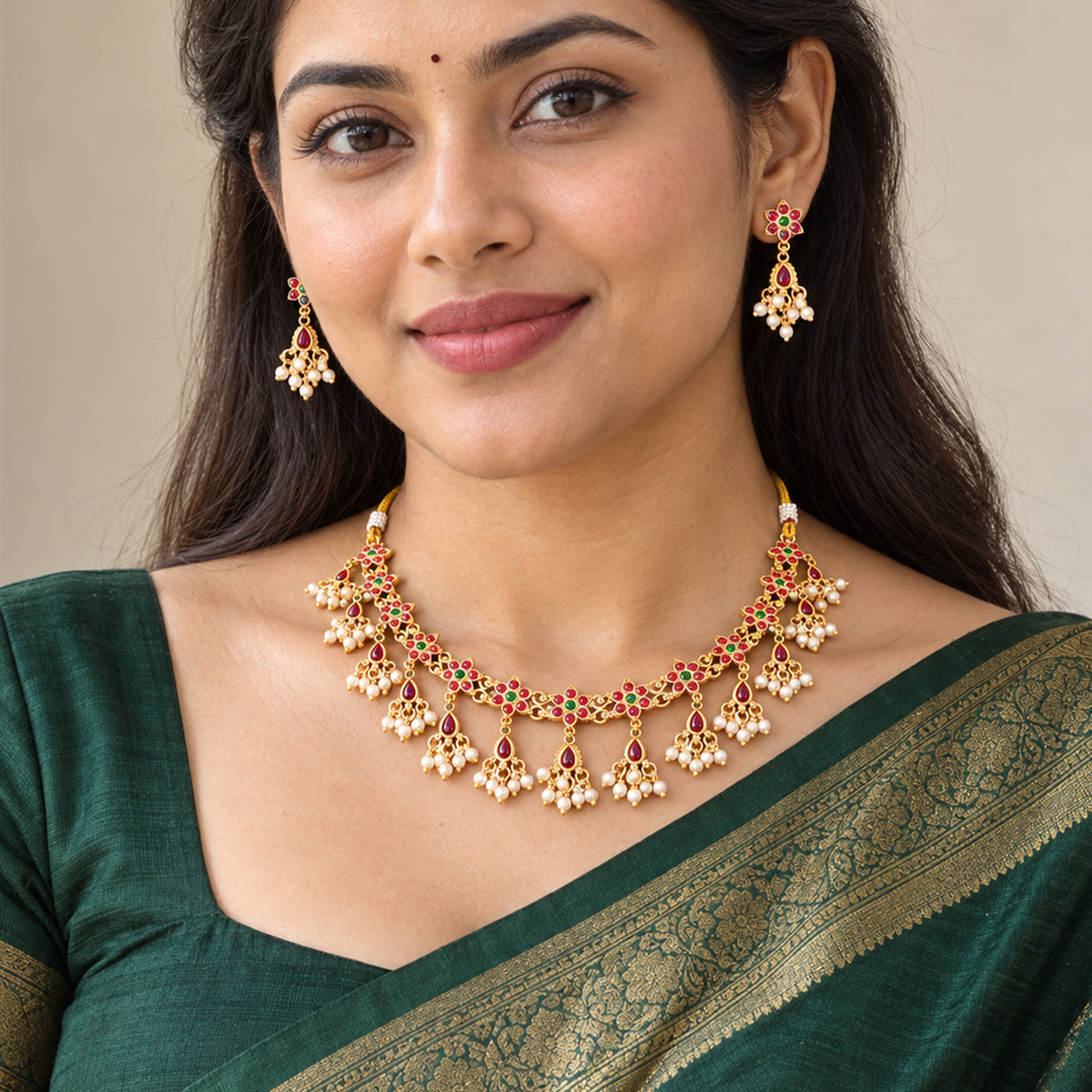 Js Fashion Beautiful Pota Stone And Pearl Necklace Set With Maching Earrings
