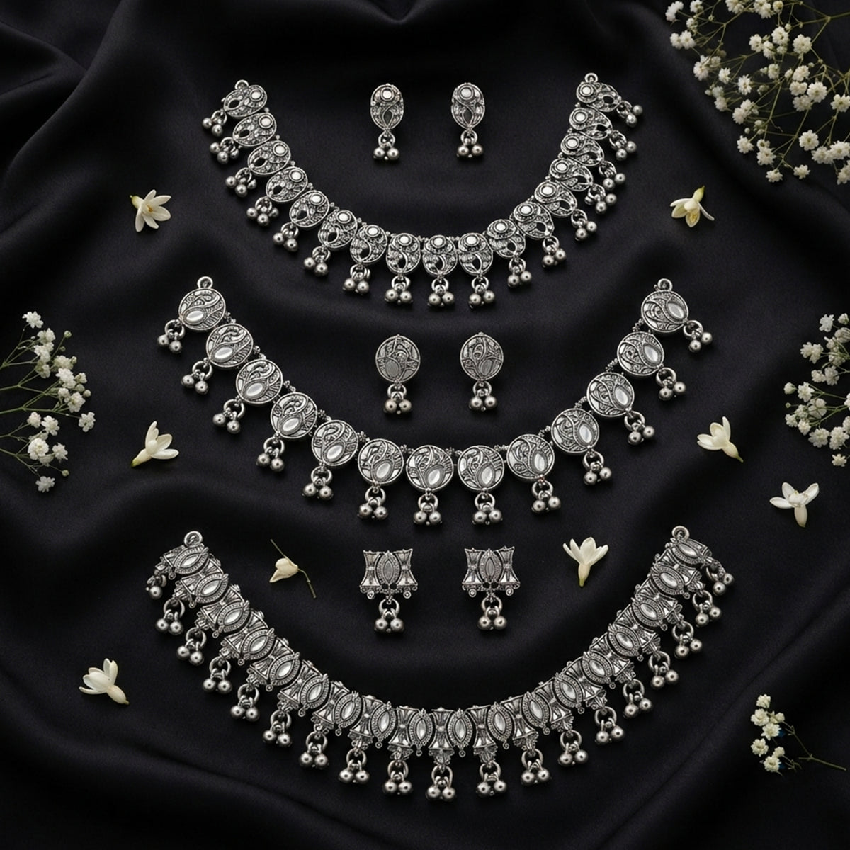 Js Fashion Oxidized Silver Beaded Designer Necklace Set