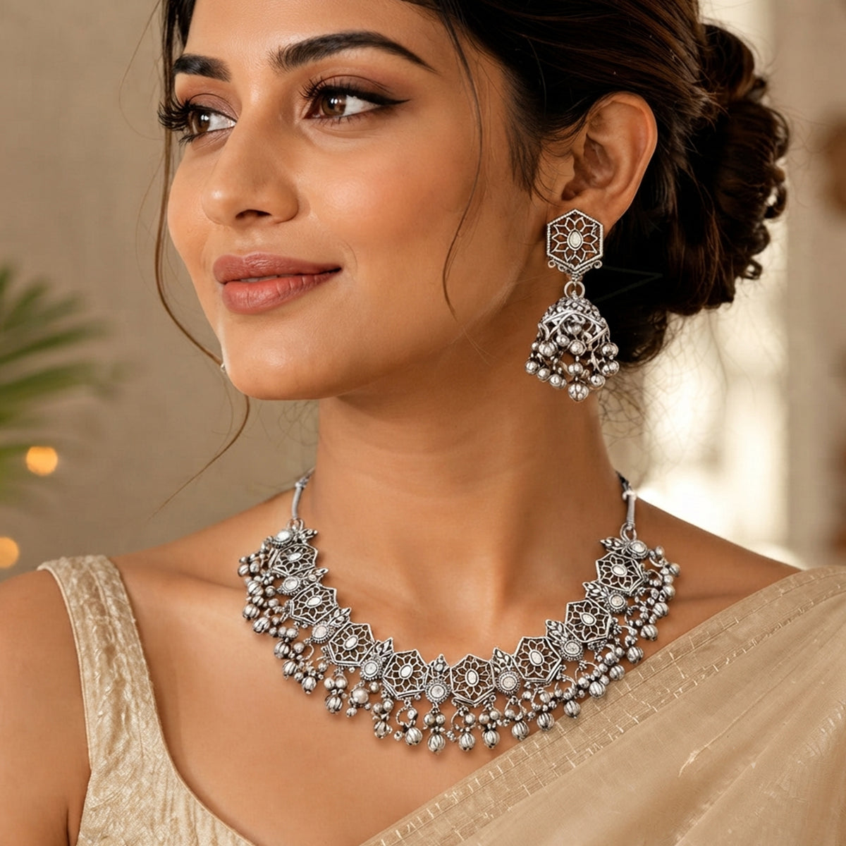 Js Fashion Oxidized Silver Beaded Designer Necklace Set