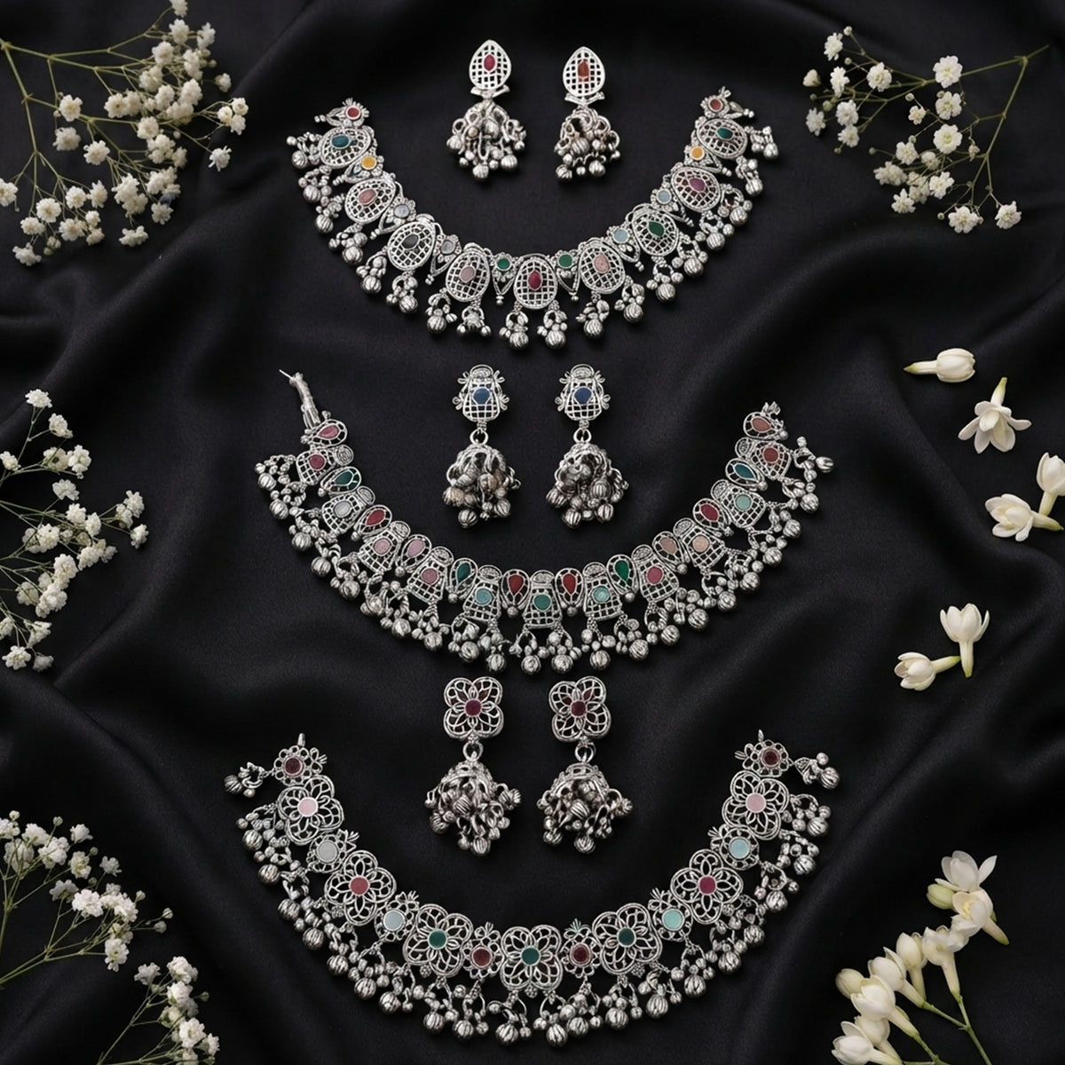 Js Fashion Oxidized Silver Beaded Designer Necklace Set