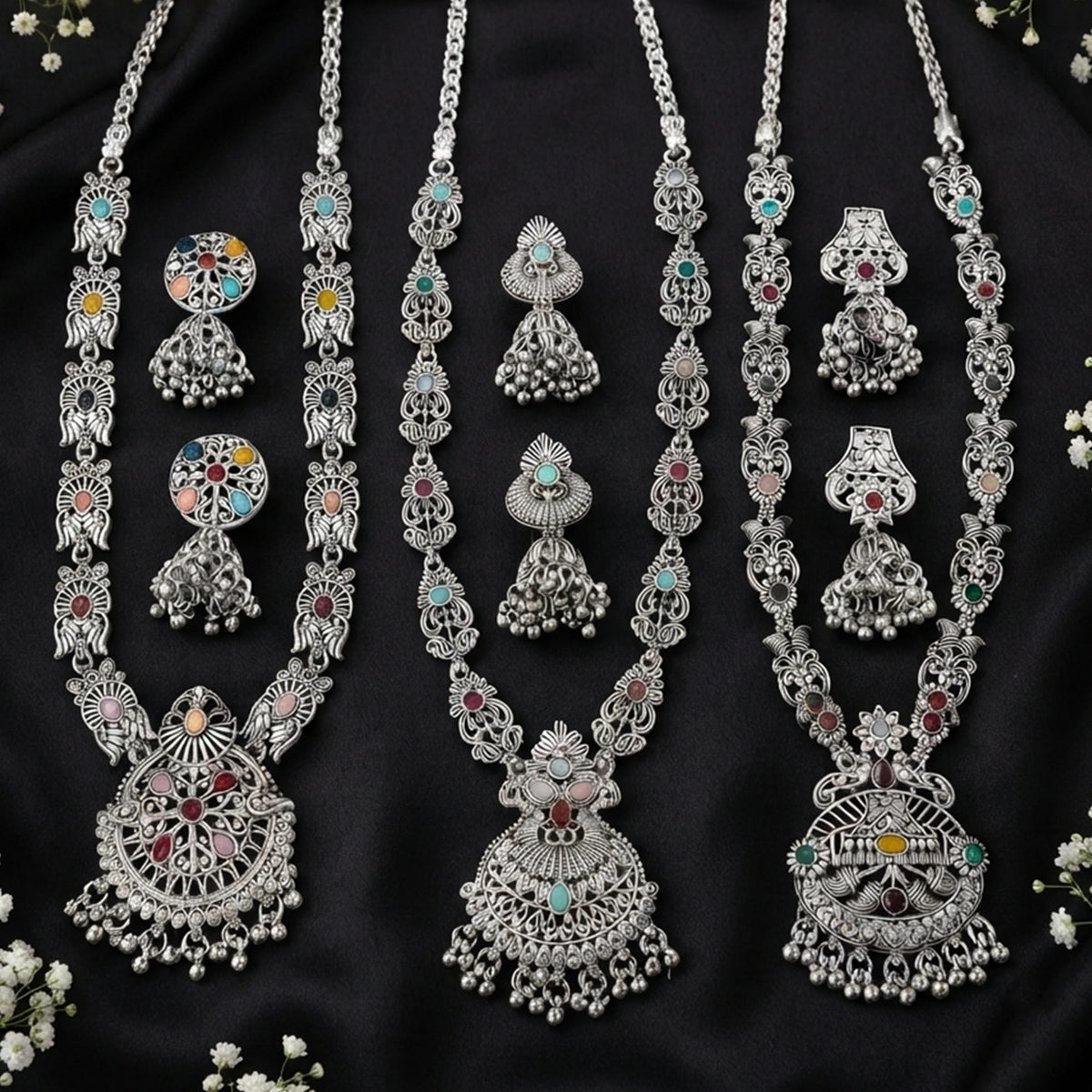Js Fashion Oxidized Silver Beaded Designer Necklace Set