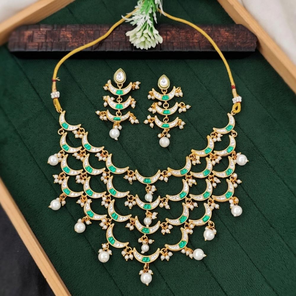 Js Fashion  Fancy Full Stone Pearl Necklace Set High Gold Finish