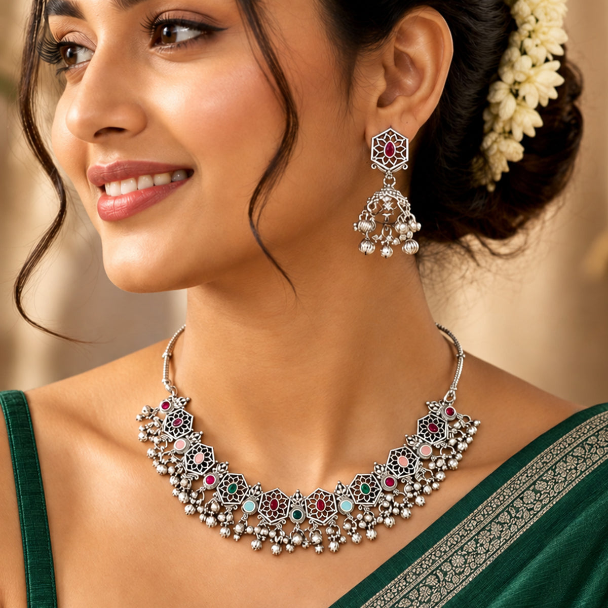 Js Fashion Pack of 3 Oxidized Silver Multicolor Stone Necklace Set