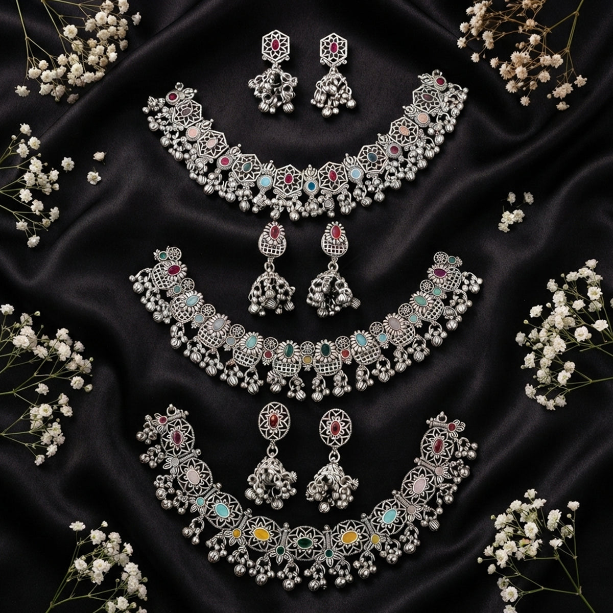 Js Fashion Pack of 3 Oxidized Silver Multicolor Stone Necklace Set