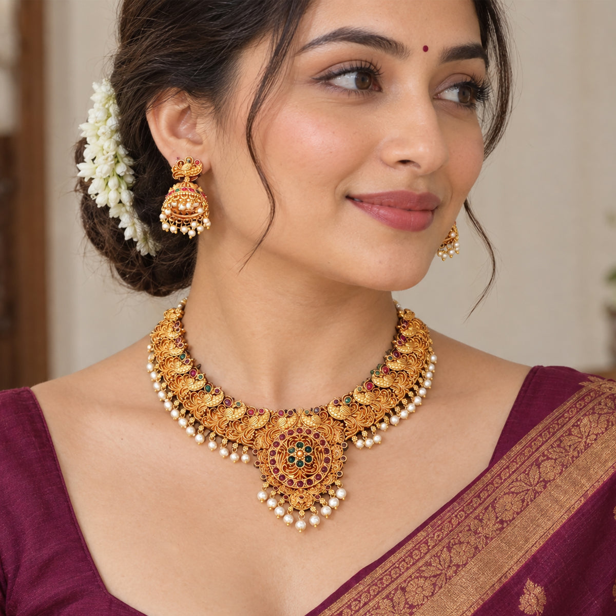 Js Fashion Beautiful Pota Stone And Pearl Necklace Set With Maching Earrings