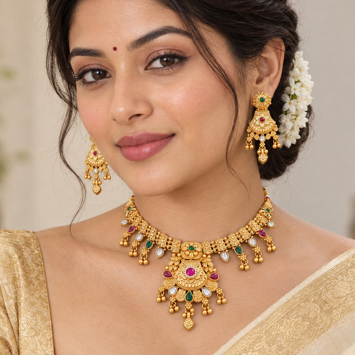 Js Fashion Beautiful Pota Stone And Pearl Necklace Set With Maching Earrings