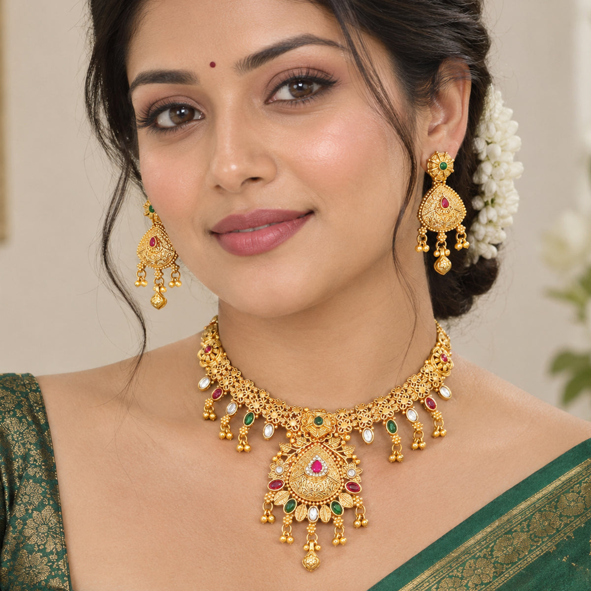 Js Fashion Beautiful Pota Stone And Pearl Necklace Set With Maching Earrings