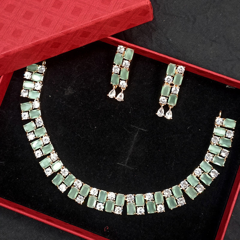 Exotica Collection American Diamond Rose Gold Polished Mint Green Necklace Set