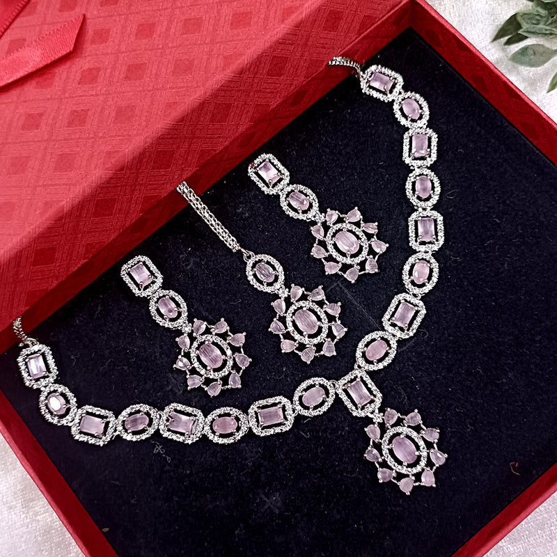 Exotica Collection American Diamond Pink Necklace Set With Maangtika