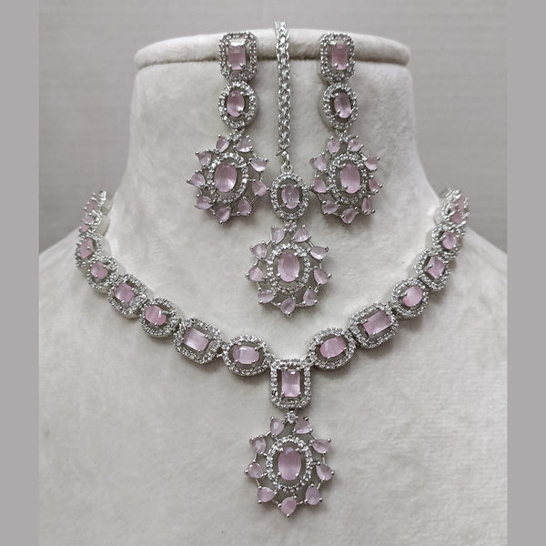 Exotica Collection American Diamond Pink Necklace Set With Maangtika