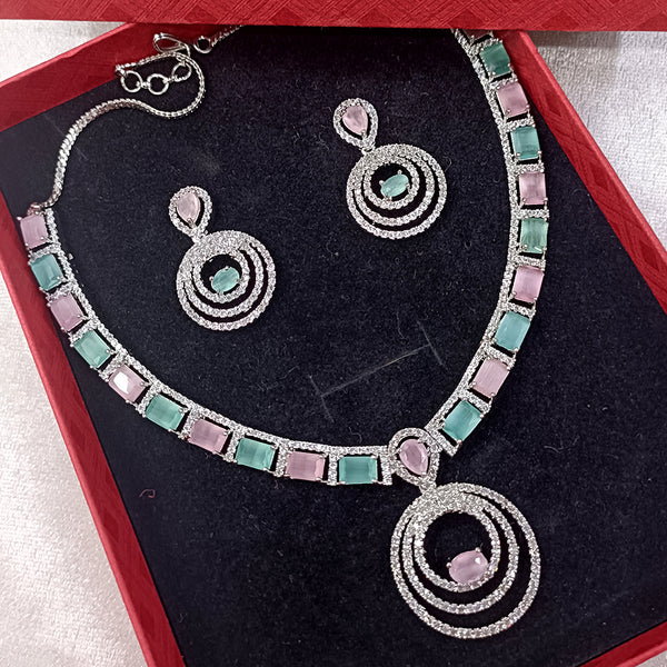 Exotica Collection American Diamond Pink And Mint Green Necklace Set