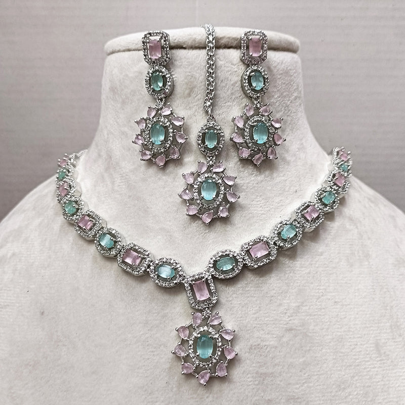 Exotica Collection American Diamond Pink And Mint Green Necklace Set With Maangtika