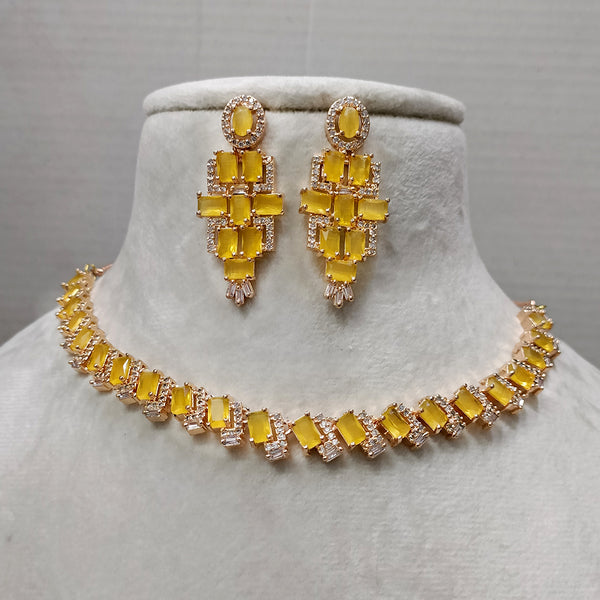 Exotica Collection American Diamond Rose Gold Polished Yellow Necklace Set