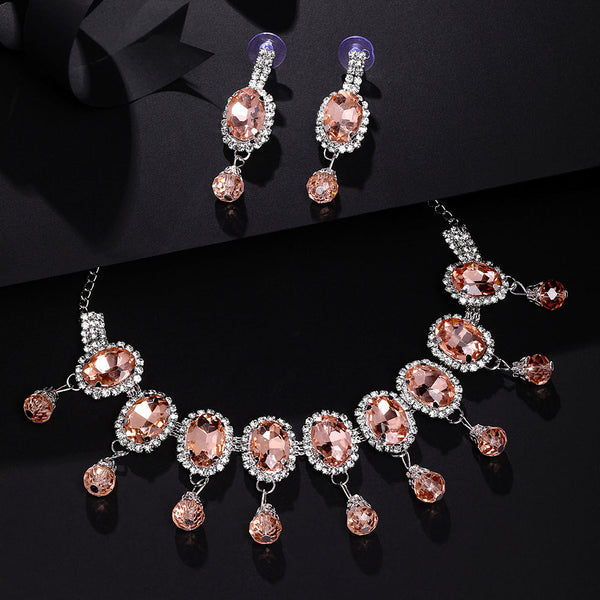 Shrishti Fashion Astonish Oval Shape Peach Stone Silver Plated Choker Necklace Set For Women