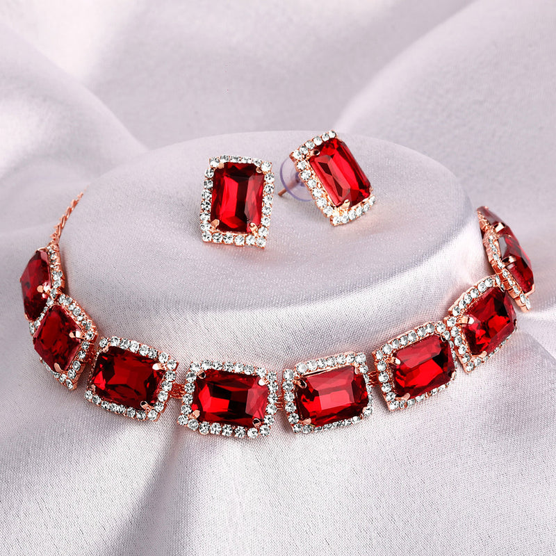 Shrishti Fashion Elegant Squire Shape Red Stone Rose Gold Plated Collar Necklace Set For Women