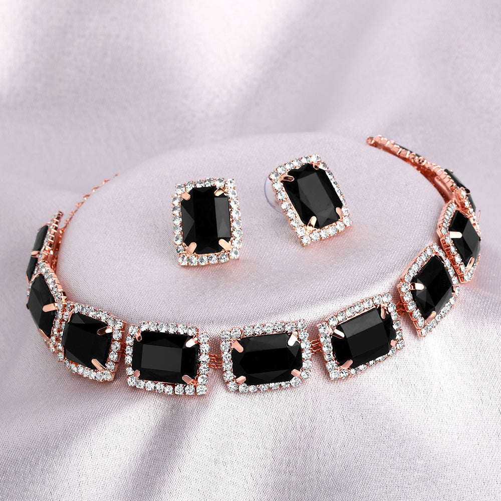 Shrishti Fashion Enjoyable Squire Shape Black Stone Rose Gold Plated Collar Necklace Set For Women