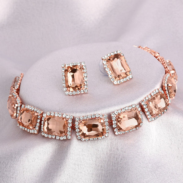 Shrishti Fashion Ethnic Squire Shape Peach Stone Rose Gold Plated Collar Necklace Set For Women