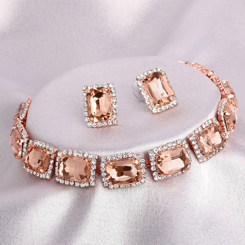 Shrishti Fashion Ethnic Squire Shape Peach Stone Rose Gold Plated Collar Necklace Set For Women