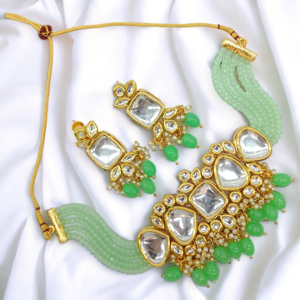 Gehana Mahal Gold Plated Kundan And Beads Choker Necklace Set