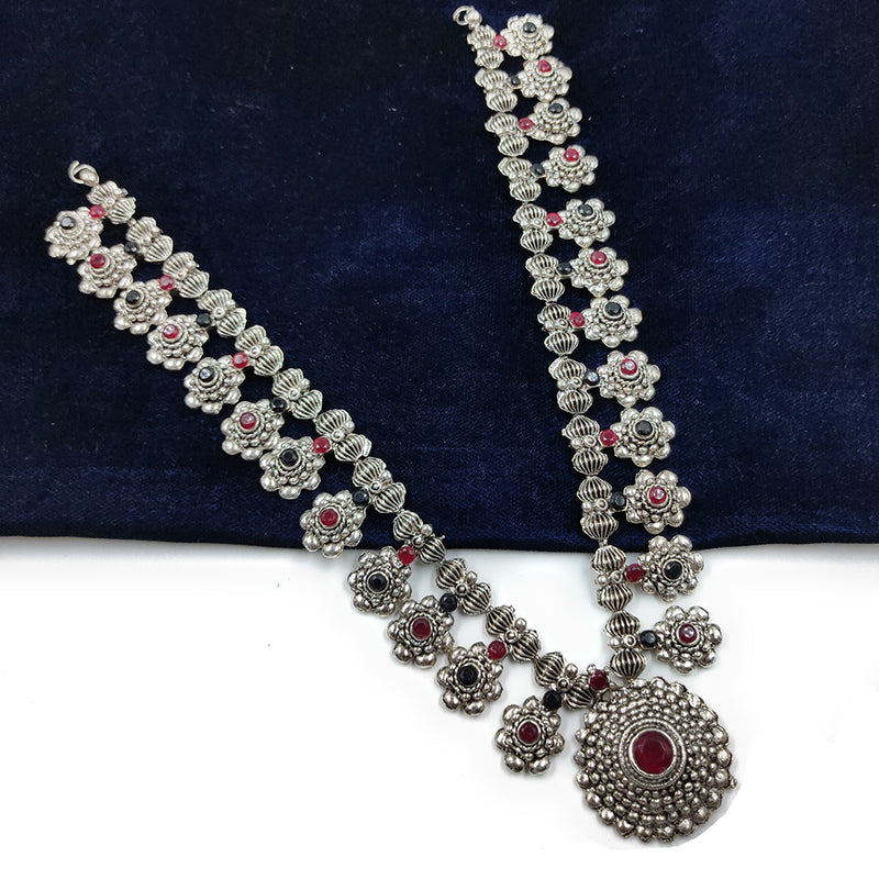 Knigght Angel Jewels Oxidised Plated Pota Stone Long Necklace Set