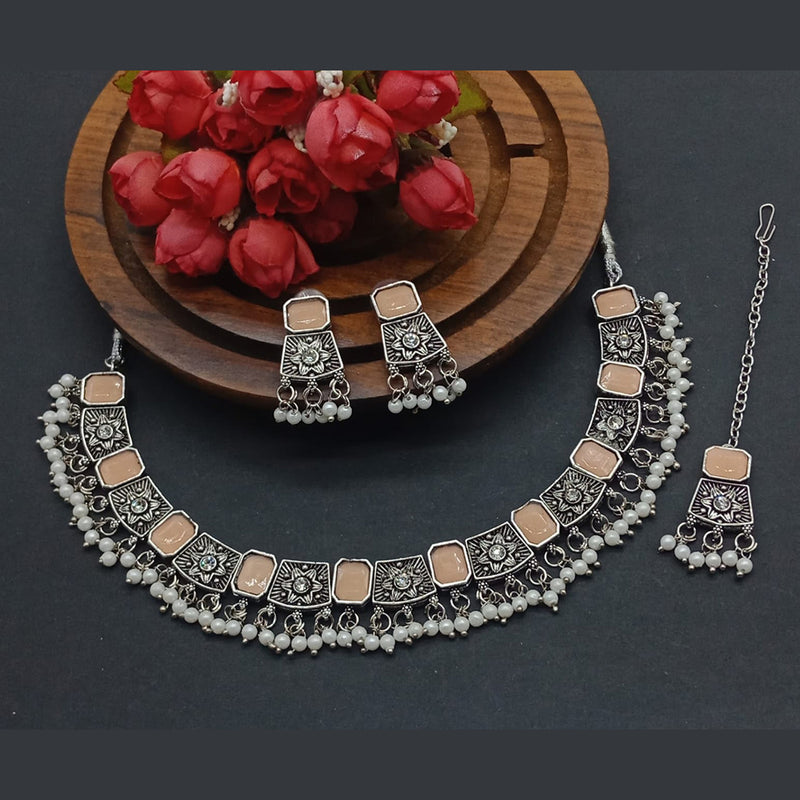 Knigght Angel Jewels Oxidised Plated Crystal Stone Choker Necklace Set