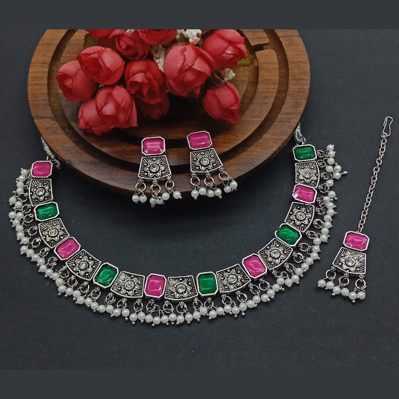 Knigght Angel Jewels Oxidised Plated Crystal Stone Choker Necklace Set