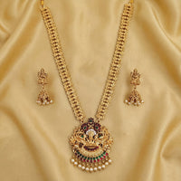 Js Fashion  Matte Gold Polish Clustered Pearl Laxmi Pendant Designer Fancy style Temple Jewellery Long Temple Necklace Set