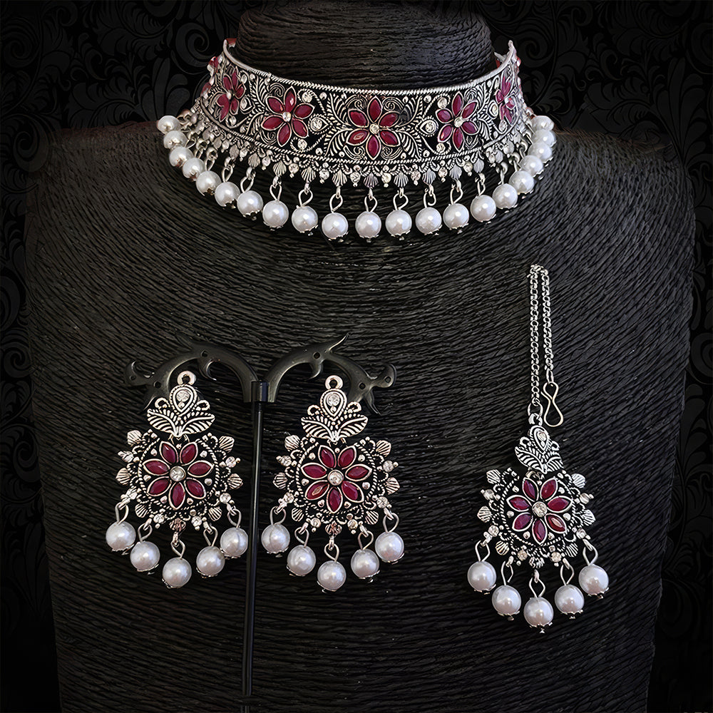 Js Fashion  OXidized Silver Polish Beautiful Designer Clustered Pearl full white Stones Party wear Choker Necklace Set