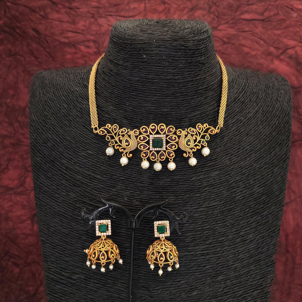 Js Fashion  Designer Beautiful Matte Gold Polish Antique Design Party wear Fancy Stylish Neckalce Set