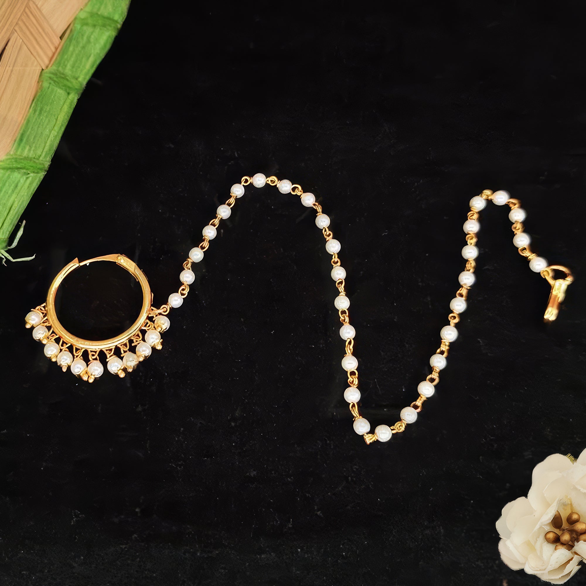 Js Fashion Designer Clustered Pearl Tassels Beautiful High gold Polish Party wear Nath