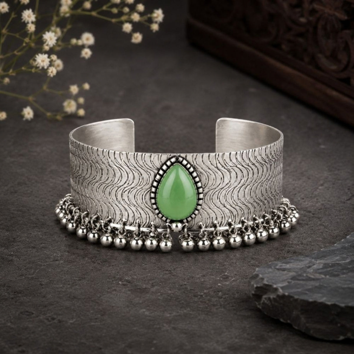 Etnico Traditional Navratri Ethnic Silver Oxidised Plated Adjustable Ghungroo Cuff Kada Bracelet for Women
