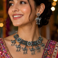 Etnico Traditional Navratri Oxidised Silver Plated Multicolour Tribal Choker Necklace with Earrings Jewellery Set for Women (OXJ004)