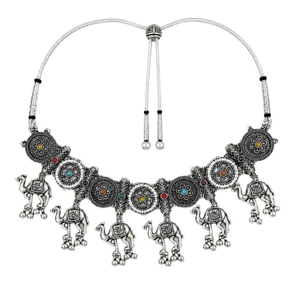 Etnico Traditional Navratri Oxidised Silver Plated Multicolour Tribal Choker Necklace with Earrings Jewellery Set for Women (OXJ004)