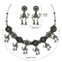 Etnico Traditional Navratri Oxidised Silver Plated Multicolour Tribal Choker Necklace with Earrings Jewellery Set for Women (OXJ004)