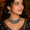 Etnico Traditional Navratri Oxidised Silver Plated Multicolour Choker Necklace with Jhumka Earrings Jewellery Set for Women (OXJ007)