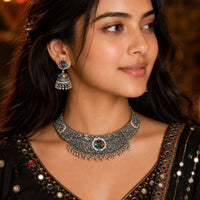 Etnico Traditional Navratri Oxidised Silver Plated Multicolour Choker Necklace with Jhumka Earrings Jewellery Set for Women (OXJ007)