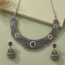 Etnico Traditional Navratri Oxidised Silver Plated Multicolour Choker Necklace with Jhumka Earrings Jewellery Set for Women (OXJ007)