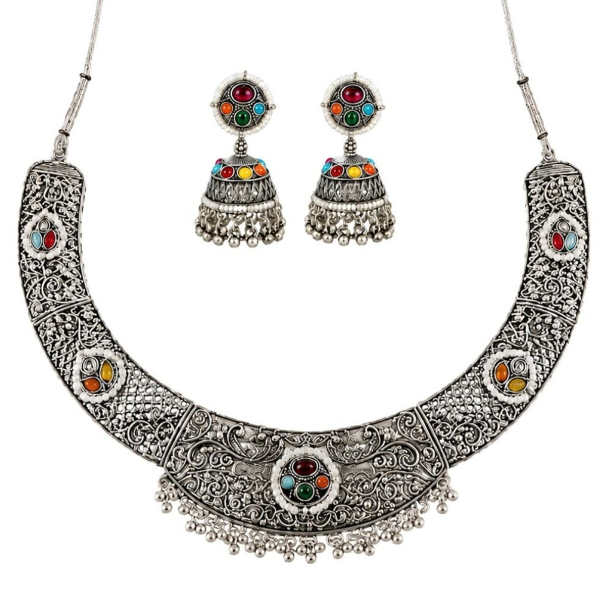 Etnico Traditional Navratri Oxidised Silver Plated Multicolour Choker Necklace with Jhumka Earrings Jewellery Set for Women (OXJ007)