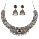 Etnico Traditional Navratri Oxidised Silver Plated Multicolour Choker Necklace with Jhumka Earrings Jewellery Set for Women (OXJ007)