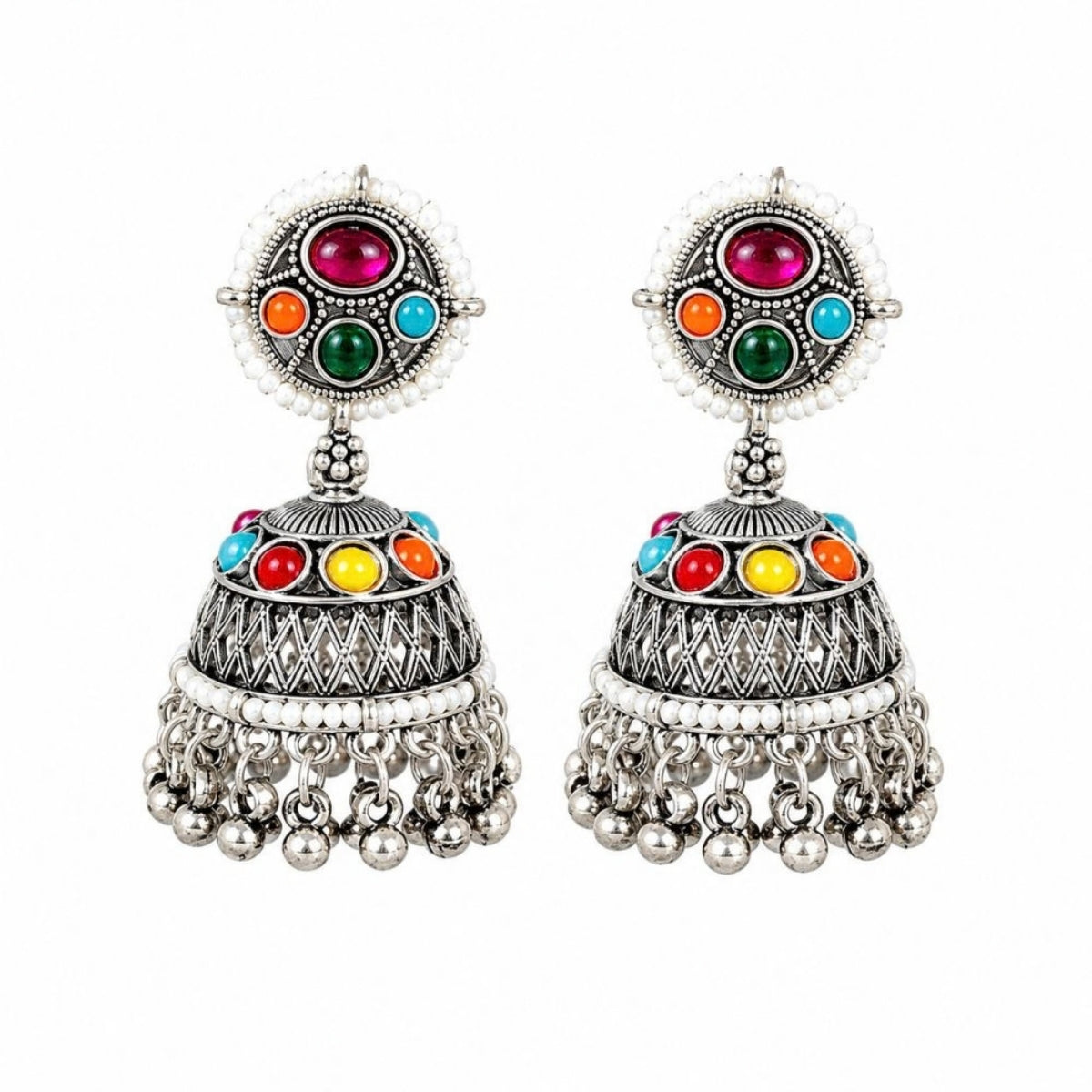 Etnico Traditional Navratri Oxidised Silver Plated Multicolour Choker Necklace with Jhumka Earrings Jewellery Set for Women (OXJ007)