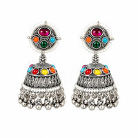Etnico Traditional Navratri Oxidised Silver Plated Multicolour Choker Necklace with Jhumka Earrings Jewellery Set for Women (OXJ007)