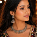 Etnico Traditional Navratri Oxidised Silver Plated Ghungroo Hasli Choker Necklace with Jhumka Earrings Jewellery Set for Women (OXJ008)