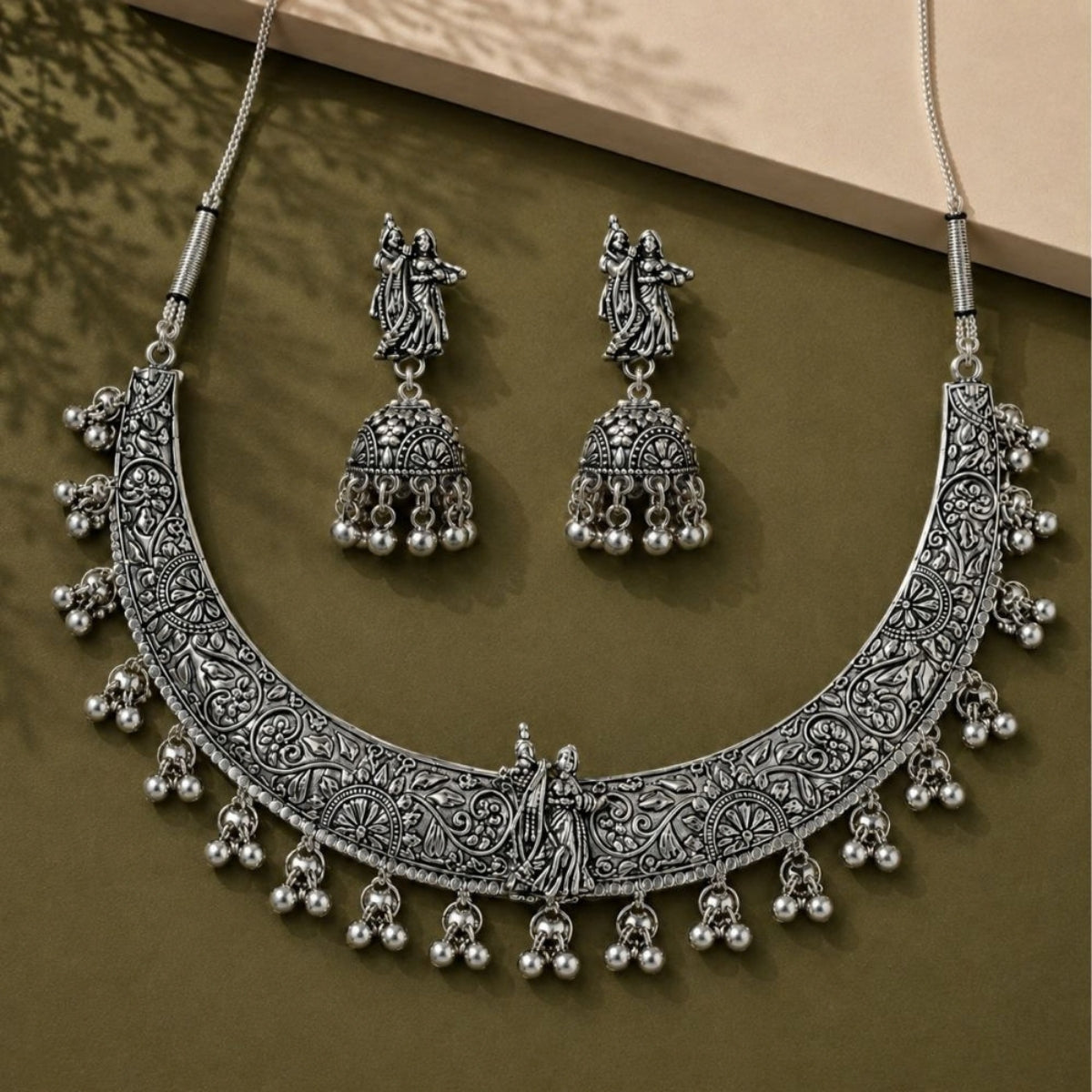 Etnico Traditional Navratri Oxidised Silver Plated Ghungroo Hasli Choker Necklace with Jhumka Earrings Jewellery Set for Women (OXJ008)