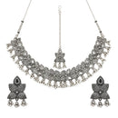 Etnico Traditional Navratri Oxidised Silver Plated Ghungroo Choker Necklace with Earrings and Maang Tikka Jewellery Set for Women (OXJ009)