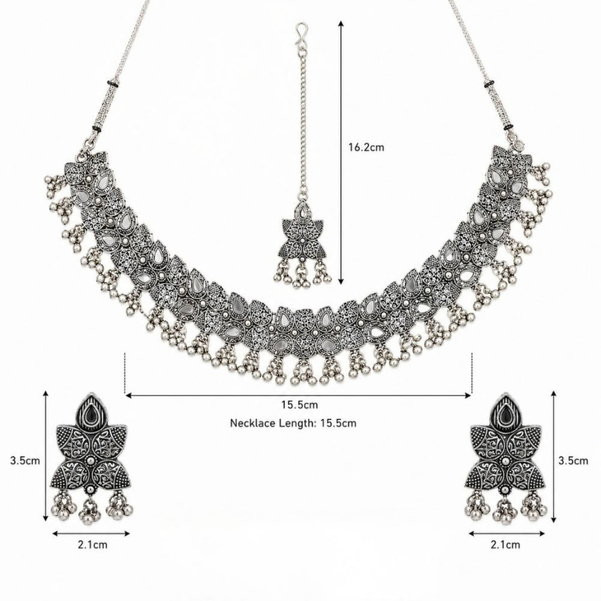 Etnico Traditional Navratri Oxidised Silver Plated Ghungroo Choker Necklace with Earrings and Maang Tikka Jewellery Set for Women (OXJ009)