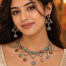 Etnico Traditional Navratri Oxidised Silver Plated Multicolour Tribal Choker Necklace with Dangle Earrings Jewellery Set for Women (OXJ010)