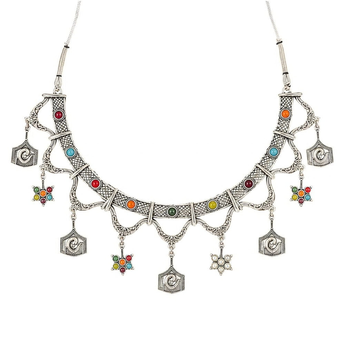 Etnico Traditional Navratri Oxidised Silver Plated Multicolour Tribal Choker Necklace with Dangle Earrings Jewellery Set for Women (OXJ010)