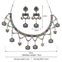 Etnico Traditional Navratri Oxidised Silver Plated Multicolour Tribal Choker Necklace with Dangle Earrings Jewellery Set for Women (OXJ010)